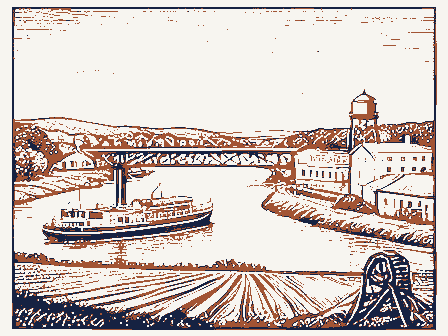 Decorative drawing: a county panorama. Not a photograph of this place.