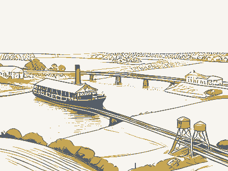 Decorative drawing: a county panorama. Not a photograph of this place.