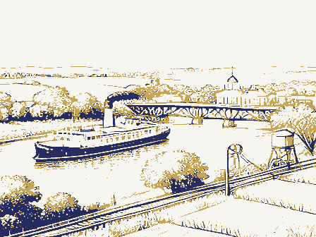 Decorative drawing: a county panorama. Not a photograph of this place.