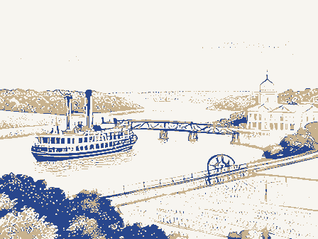 Decorative drawing: a county panorama. Not a photograph of this place.