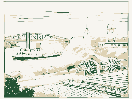 Decorative drawing: a county panorama. Not a photograph of this place.