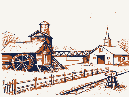 Decorative drawing: a farm township drawn in detail. Not a photograph of this place.