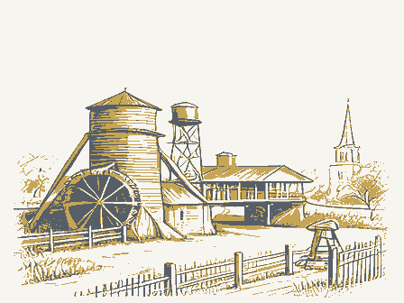 Decorative drawing: a farm township drawn in detail. Not a photograph of this place.