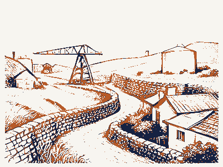 Decorative drawing: a hillside above a town. Not a photograph of this place.