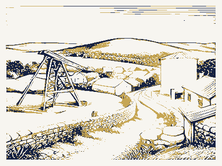 Decorative drawing: a hillside above a town. Not a photograph of this place.