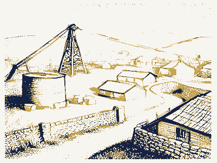 Decorative drawing: a hillside above a town. Not a photograph of this place.