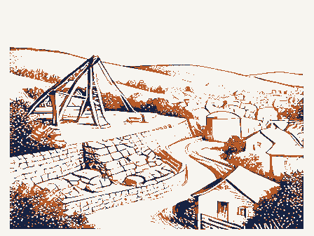 Decorative drawing: a hillside above a town. Not a photograph of this place.