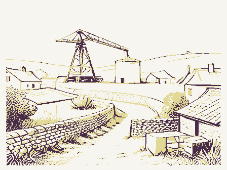 Decorative drawing: a hillside above a town. Not a photograph of this place.