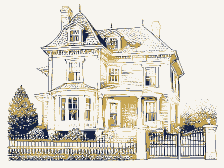 Decorative drawing: an ornate nineteenth-century American house. Not a photograph of this place.