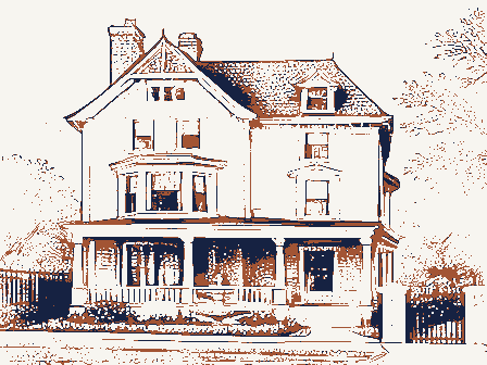 Decorative drawing: an ornate nineteenth-century American house. Not a photograph of this place.