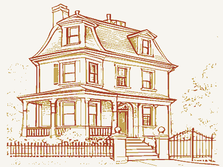 Decorative drawing: an ornate nineteenth-century American house. Not a photograph of this place.