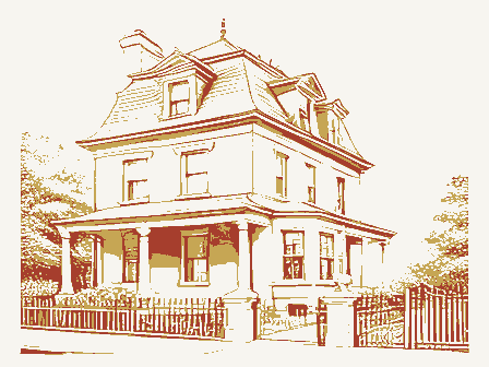 Decorative drawing: an ornate nineteenth-century American house. Not a photograph of this place.