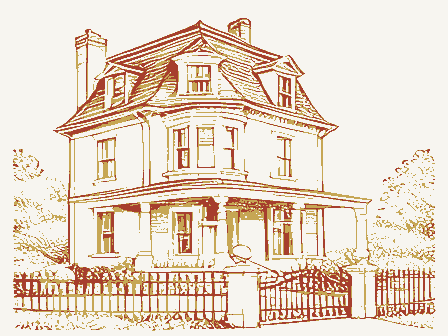 Decorative drawing: an ornate nineteenth-century American house. Not a photograph of this place.