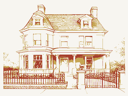 Decorative drawing: an ornate nineteenth-century American house. Not a photograph of this place.
