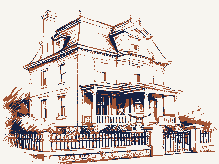 Decorative drawing: an ornate nineteenth-century American house. Not a photograph of this place.
