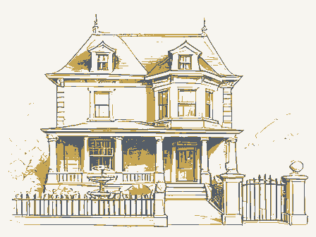 Decorative drawing: an ornate nineteenth-century American house. Not a photograph of this place.