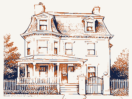 Decorative drawing: an ornate nineteenth-century American house. Not a photograph of this place.