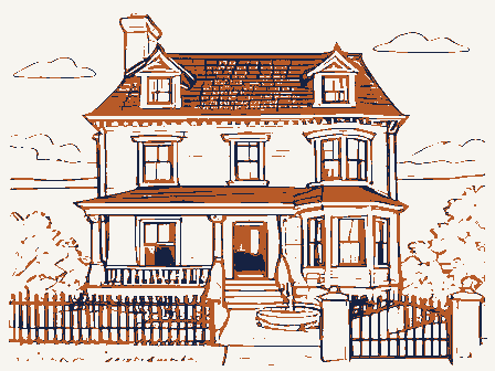 Decorative drawing: an ornate nineteenth-century American house. Not a photograph of this place.