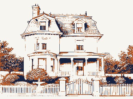 Decorative drawing: an ornate nineteenth-century American house. Not a photograph of this place.