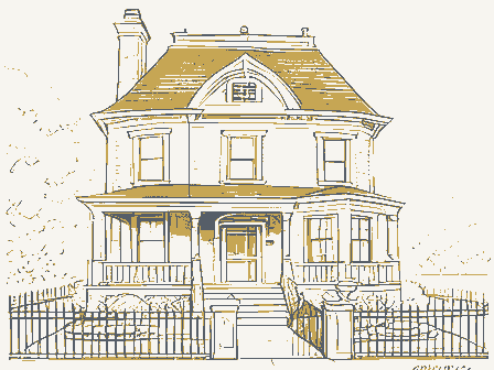 Decorative drawing: an ornate nineteenth-century American house. Not a photograph of this place.