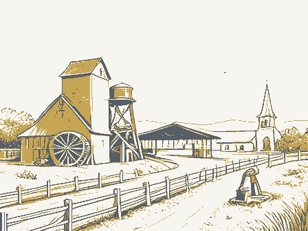 Decorative drawing: a farm township drawn in detail. Not a photograph of this place.
