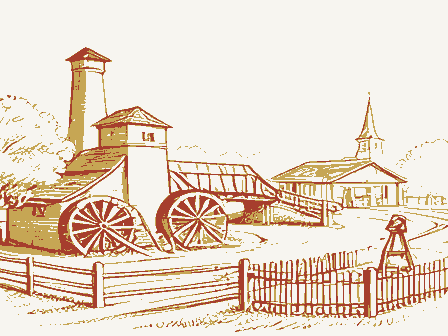 Decorative drawing: a farm township drawn in detail. Not a photograph of this place.