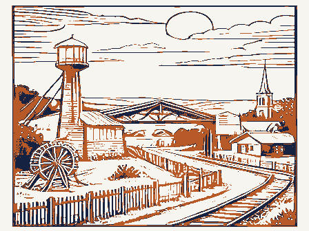 Decorative drawing: a farm township drawn in detail. Not a photograph of this place.