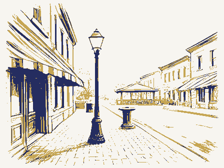 Decorative drawing: a busy small-town main street. Not a photograph of this place.