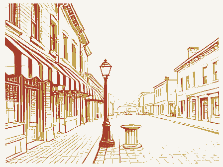 Decorative drawing: a busy small-town main street. Not a photograph of this place.