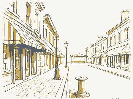 Decorative drawing: a busy small-town main street. Not a photograph of this place.