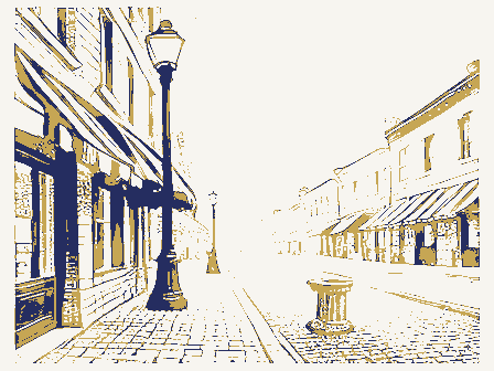 Decorative drawing: a busy small-town main street. Not a photograph of this place.
