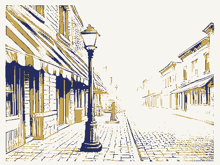 Decorative drawing: a busy small-town main street. Not a photograph of this place.
