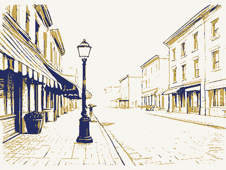 Decorative drawing: a busy small-town main street. Not a photograph of this place.