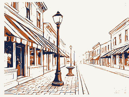 Decorative drawing: a busy small-town main street. Not a photograph of this place.