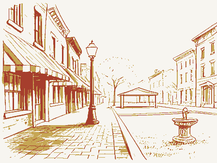 Decorative drawing: a busy small-town main street. Not a photograph of this place.