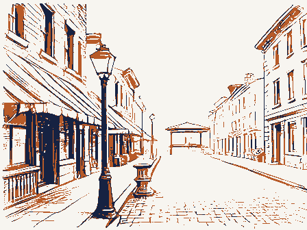 Decorative drawing: a busy small-town main street. Not a photograph of this place.