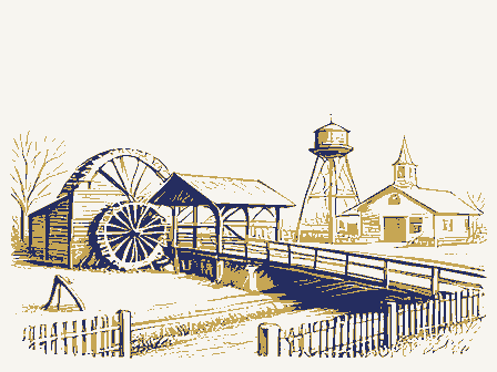 Decorative drawing: a farm township drawn in detail. Not a photograph of this place.