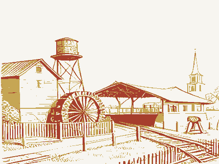 Decorative drawing: a farm township drawn in detail. Not a photograph of this place.