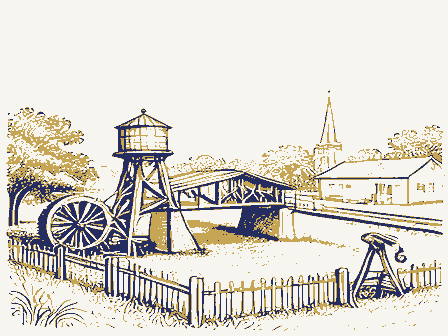 Decorative drawing: a farm township drawn in detail. Not a photograph of this place.