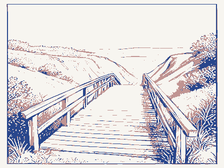 Decorative drawing: a wooden footbridge over a ravine with a handrail. Not a photograph of this place.