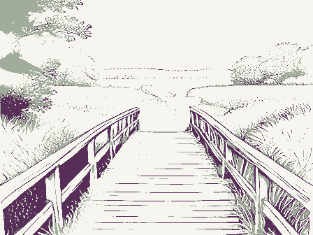 Decorative drawing: a wooden footbridge over a ravine with a handrail. Not a photograph of this place.