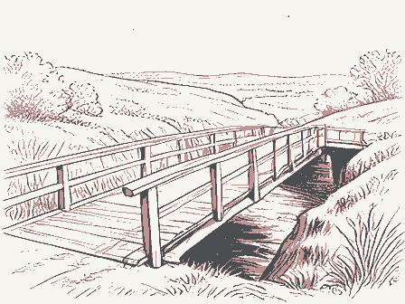 Decorative drawing: a wooden footbridge over a ravine with a handrail. Not a photograph of this place.
