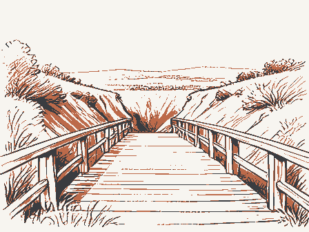 Decorative drawing: a wooden footbridge over a ravine with a handrail. Not a photograph of this place.
