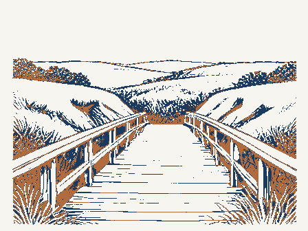 Decorative drawing: a wooden footbridge over a ravine with a handrail. Not a photograph of this place.