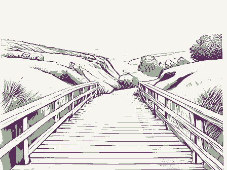 Decorative drawing: a wooden footbridge over a ravine with a handrail. Not a photograph of this place.