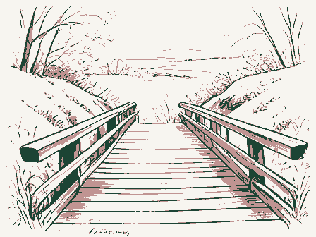 Decorative drawing: a wooden footbridge over a ravine with a handrail. Not a photograph of this place.