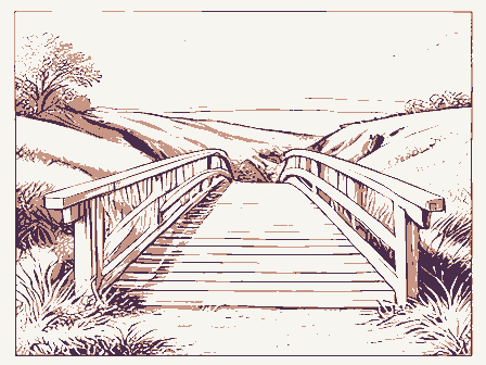 Decorative drawing: a wooden footbridge over a ravine with a handrail. Not a photograph of this place.