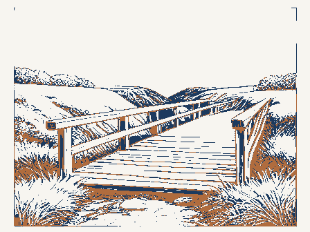 Decorative drawing: a wooden footbridge over a ravine with a handrail. Not a photograph of this place.