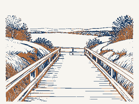 Decorative drawing: a wooden footbridge over a ravine with a handrail. Not a photograph of this place.