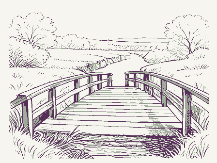 Decorative drawing: a wooden footbridge over a ravine with a handrail. Not a photograph of this place.